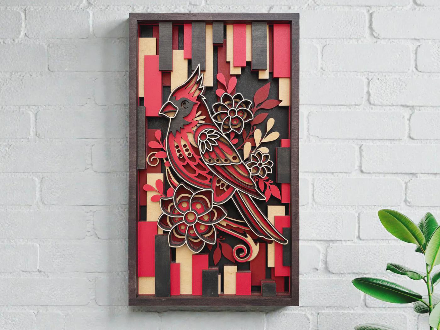 Cardinal Wall Art | 3D Layered Laser Cut Wood Bird Decor | Handmade Memorial Gift