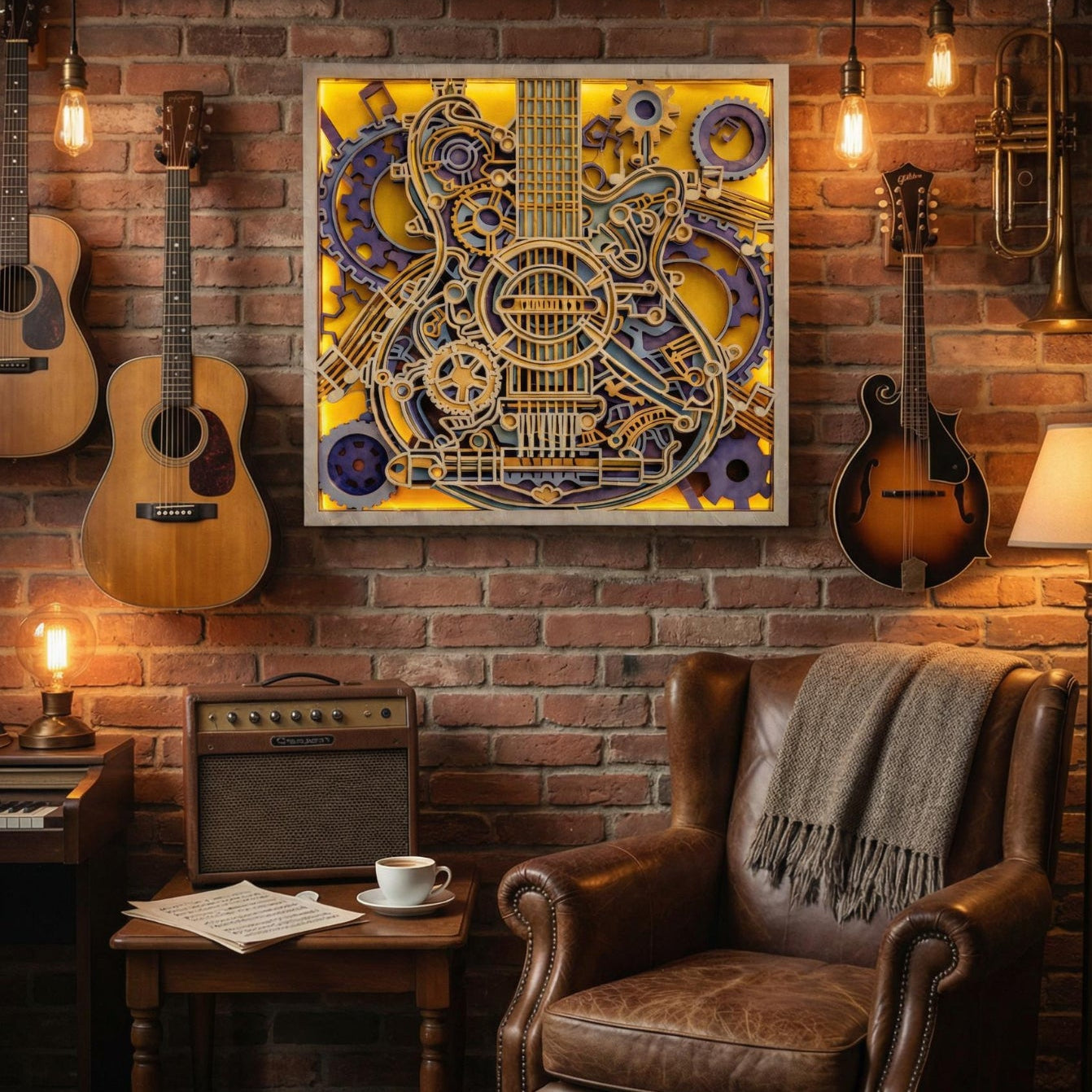 Steampunk Guitar Wall Art | Layered Wood Decor | Handmade Laser Cut Music Sign