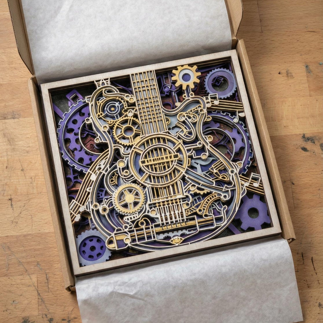 Steampunk Guitar Wall Art | Layered Wood Decor | Handmade Laser Cut Music Sign