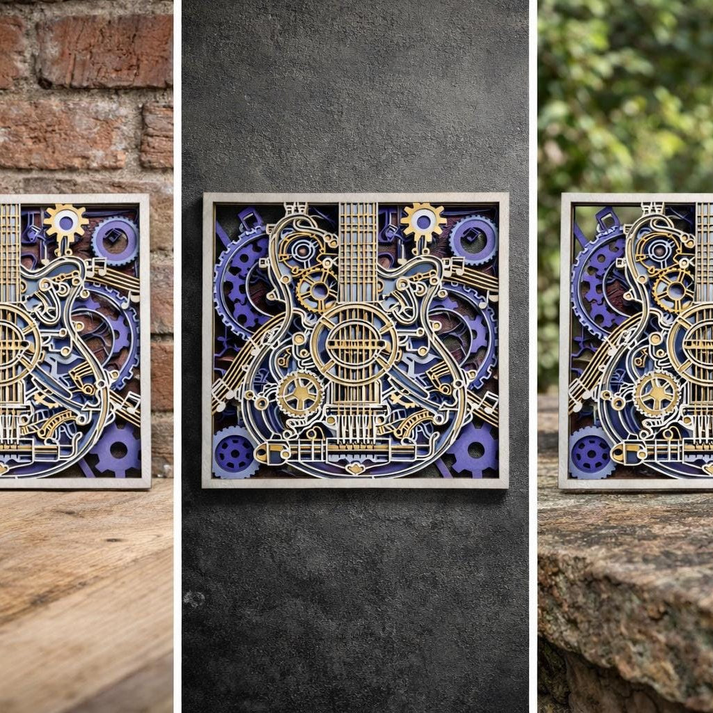 Steampunk Guitar Wall Art | Layered Wood Decor | Handmade Laser Cut Music Sign