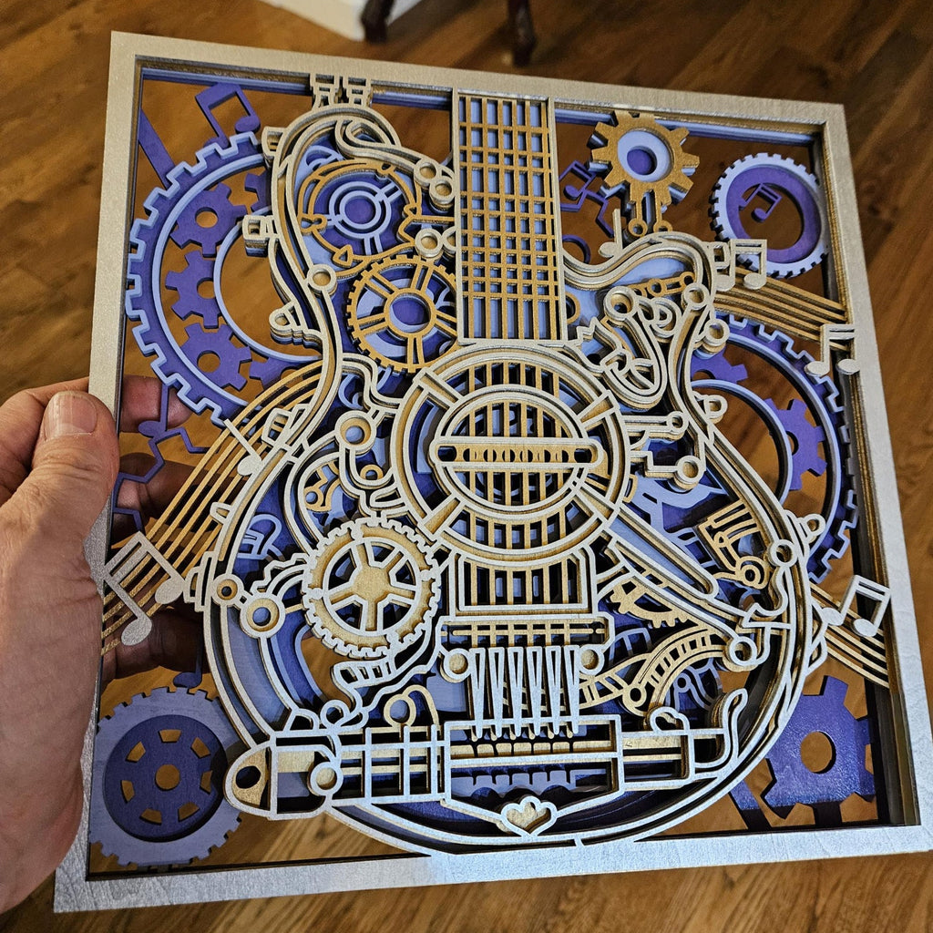 Steampunk Guitar Wall Art | Layered Wood Decor | Handmade Laser Cut Music Sign