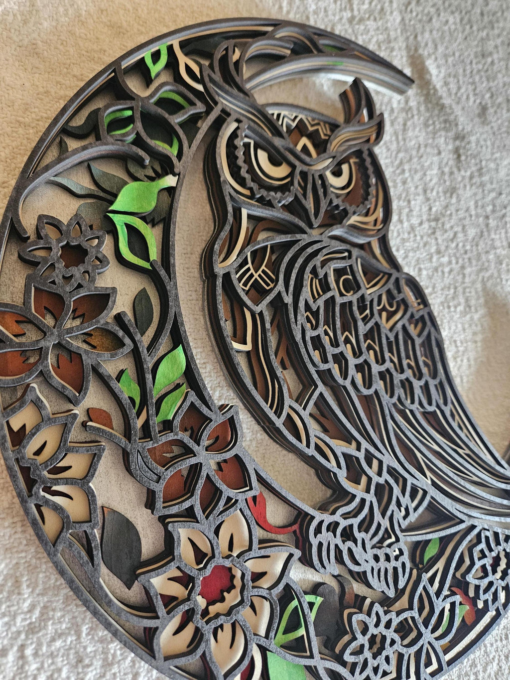 Owl Moon Wall Art | Layered Wood Decor | Handmade Laser Cut Owl Sign