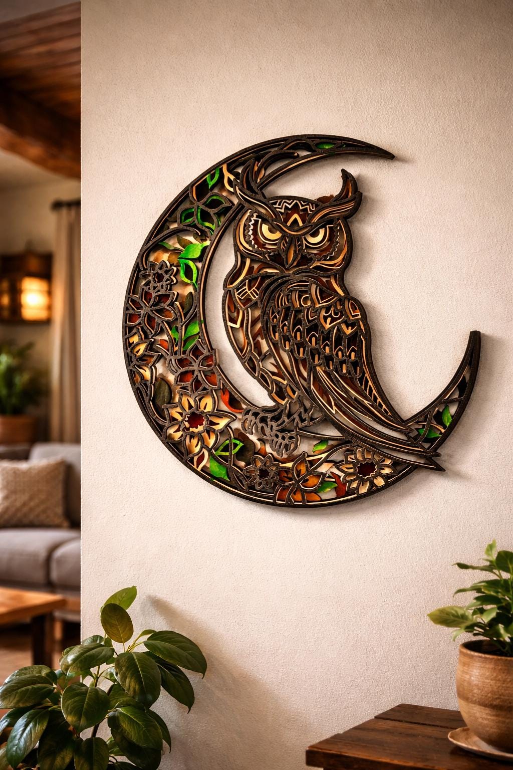 Owl Moon Wall Art | Layered Wood Decor | Handmade Laser Cut Owl Sign