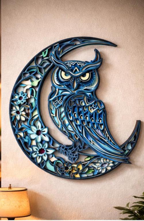 Owl Moon Wall Art | Layered Wood Decor | Handmade Laser Cut Owl Sign