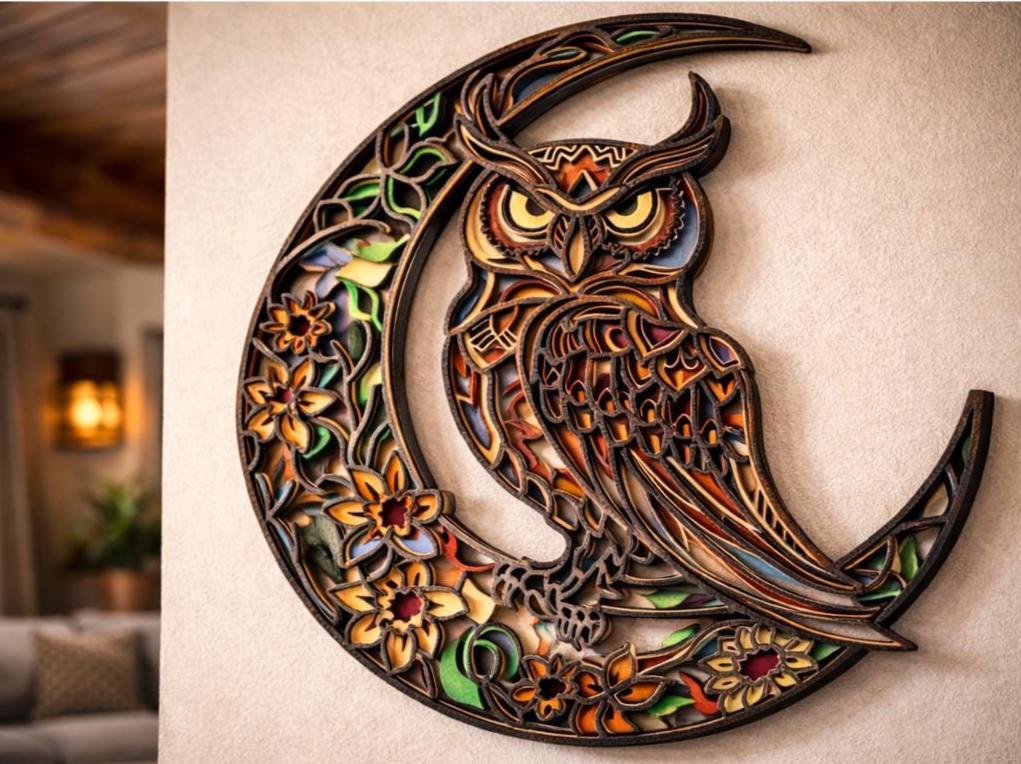 Owl Moon Wall Art | Layered Wood Decor | Handmade Laser Cut Owl Sign