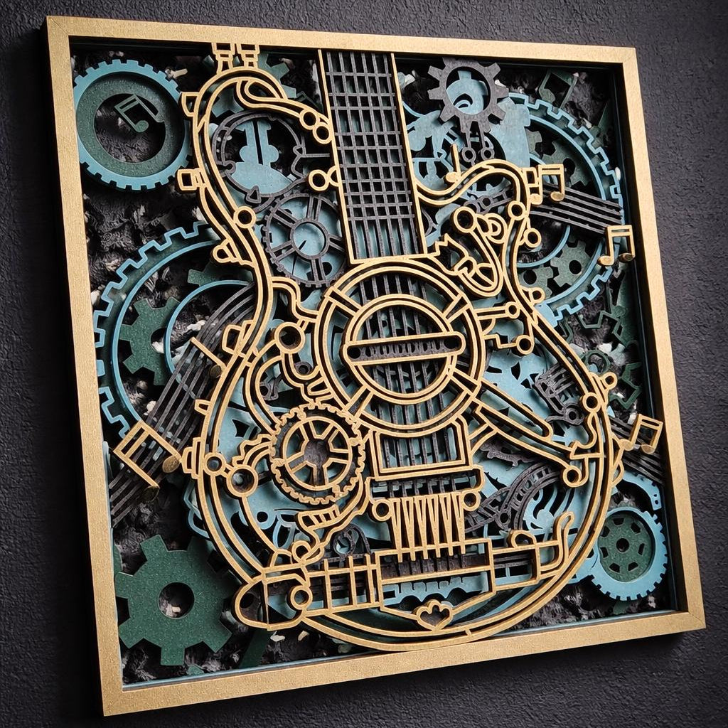Steampunk Guitar Wall Art | Layered Wood Decor | Handmade Laser Cut Music Sign