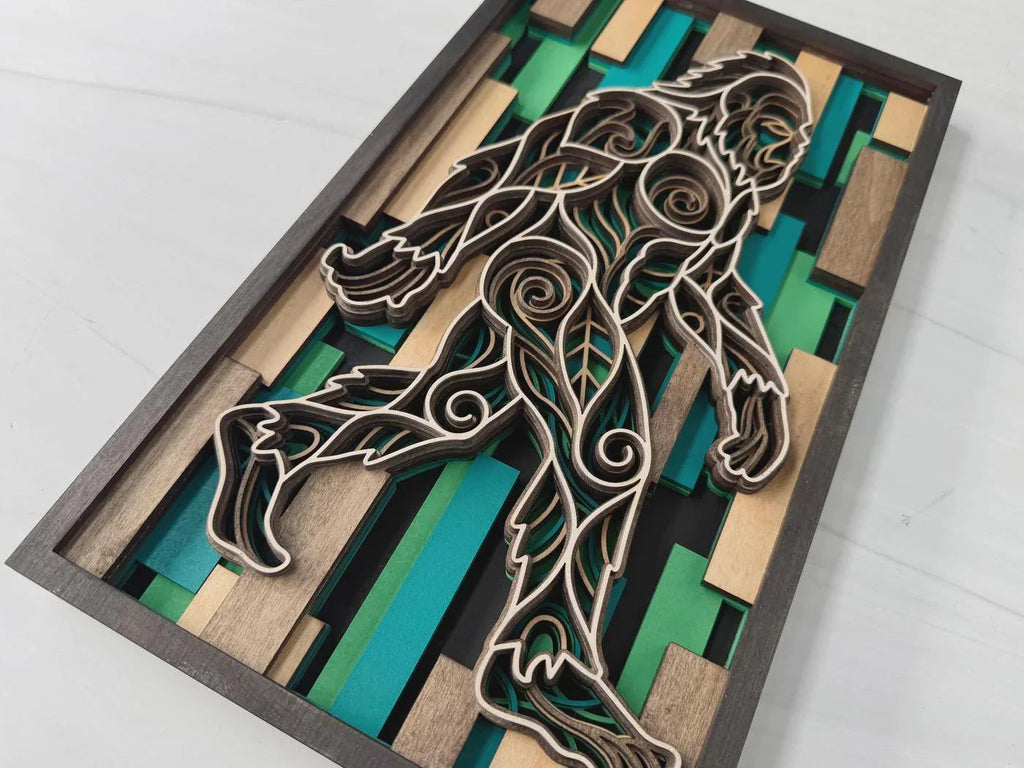 Bigfoot Wall Art | 3D Layered Laser Cut Wood Decor | Rustic Cabin Handmade