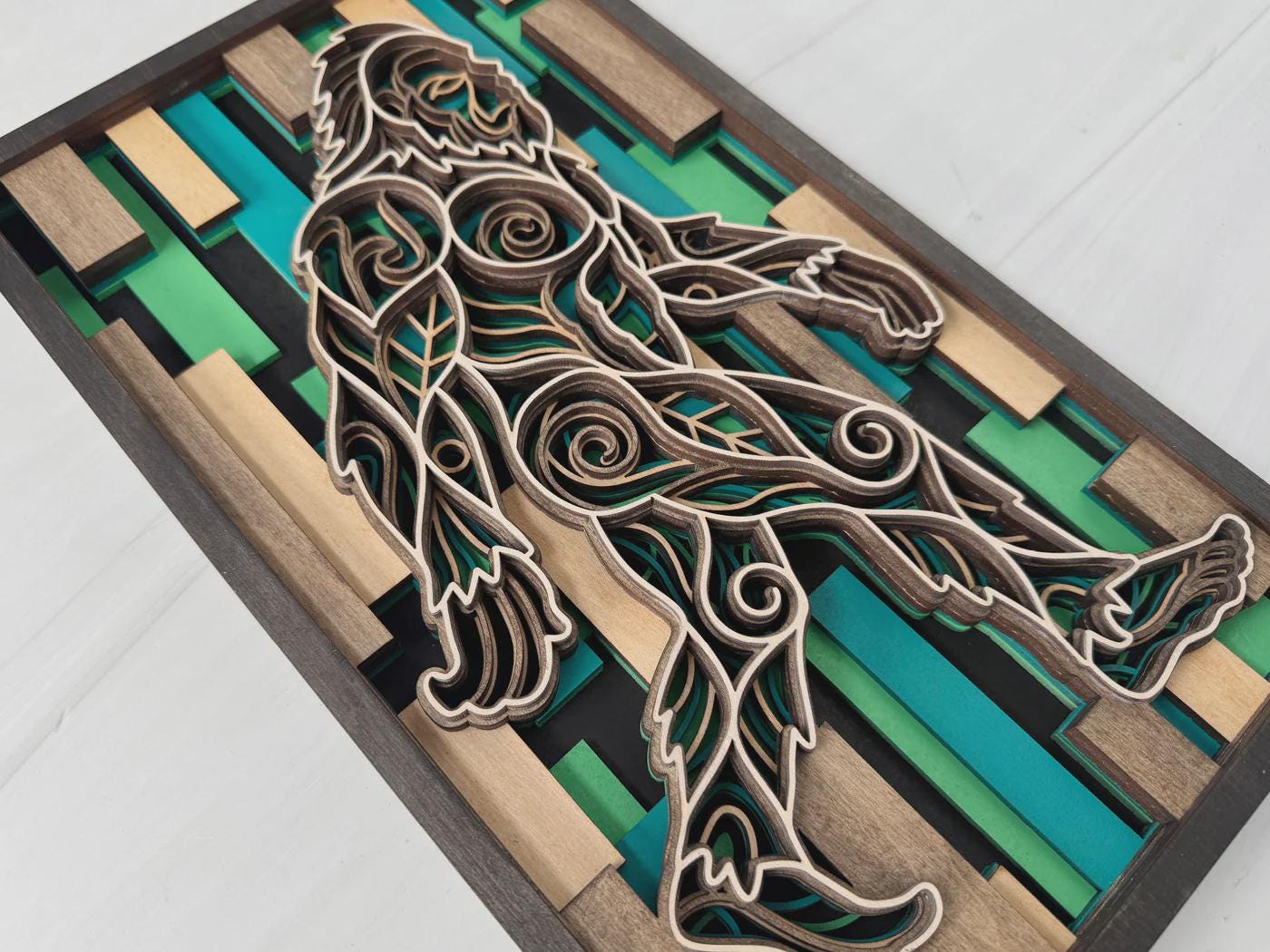 Bigfoot Wall Art | 3D Layered Laser Cut Wood Decor | Rustic Cabin Handmade