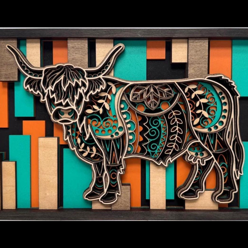 Highland Cow Wall Art | 3D Layered Laser Cut Wood Decor | Rustic Farmhouse Handmade