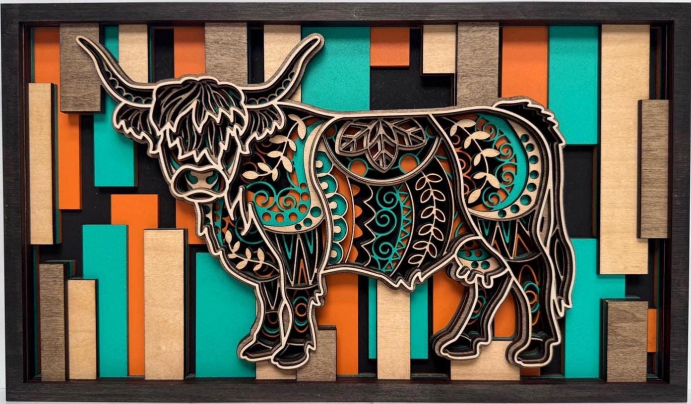 Highland Cow Wall Art | 3D Layered Laser Cut Wood Decor | Rustic Farmhouse Handmade
