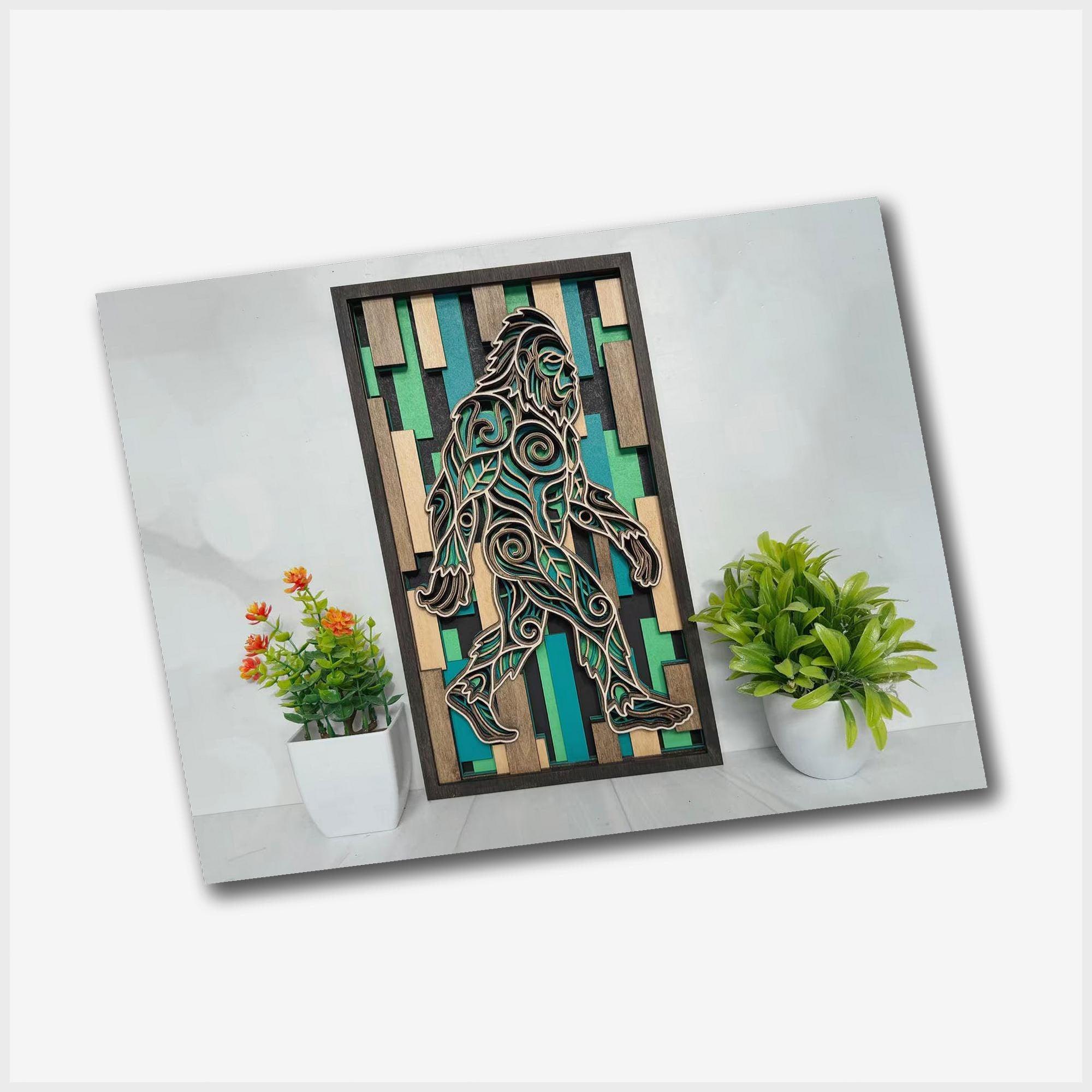 Bigfoot Wall Art | 3D Layered Laser Cut Wood Decor | Rustic Cabin Handmade