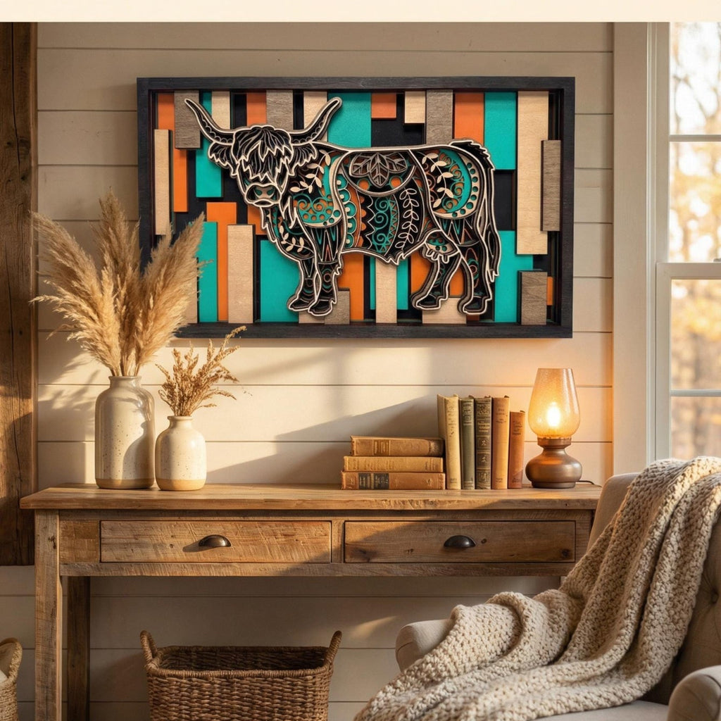 Highland Cow Wall Art | 3D Layered Laser Cut Wood Decor | Rustic Farmhouse Handmade
