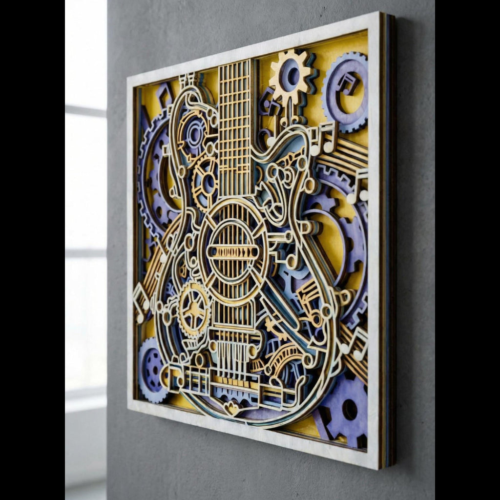Steampunk Guitar Wall Art | Layered Wood Decor | Handmade Laser Cut Music Sign