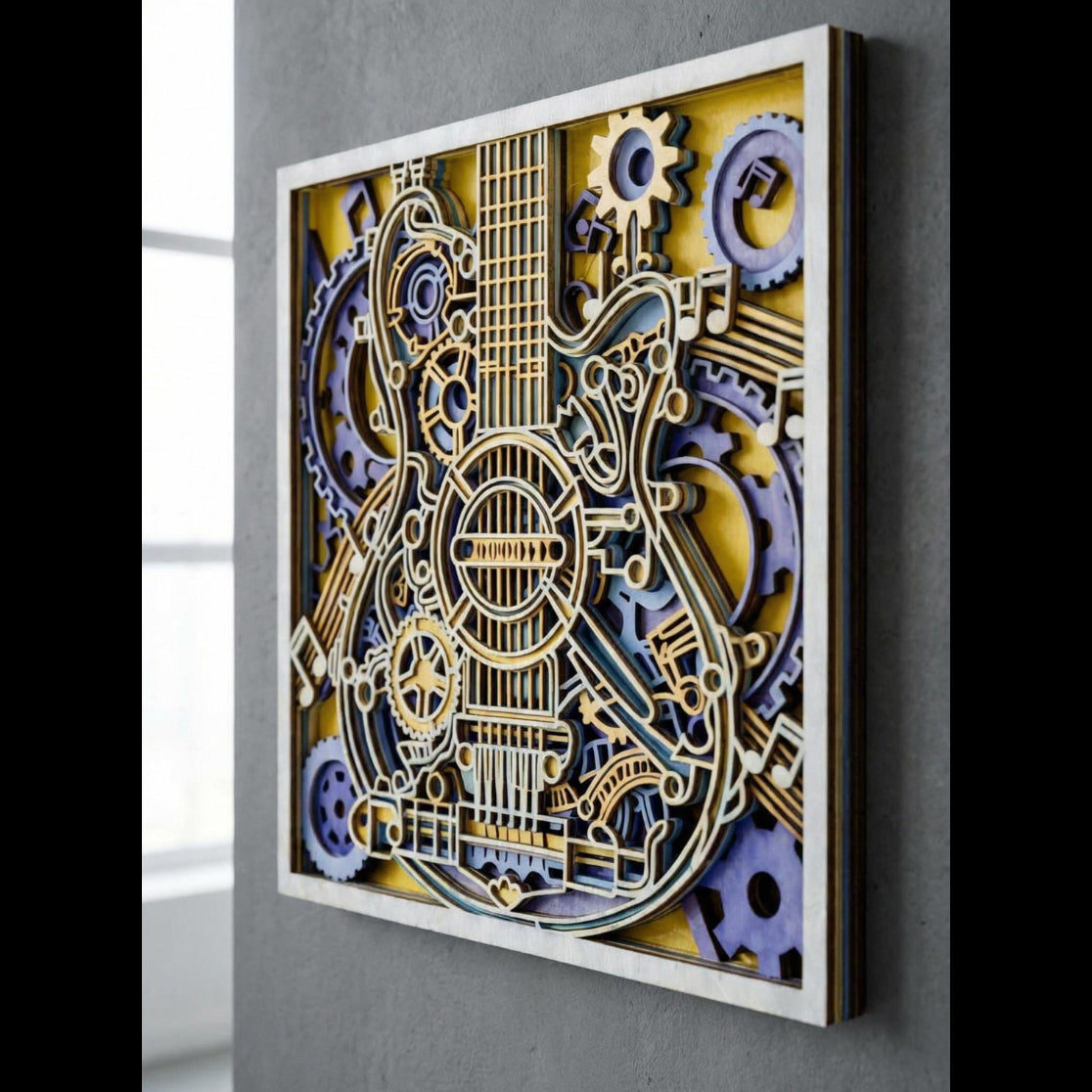Steampunk Guitar Wall Art | Layered Wood Decor | Handmade Laser Cut Music Sign