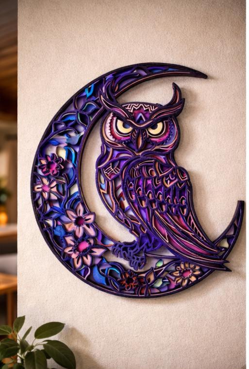 Owl Moon Wall Art | Layered Wood Decor | Handmade Laser Cut Owl Sign