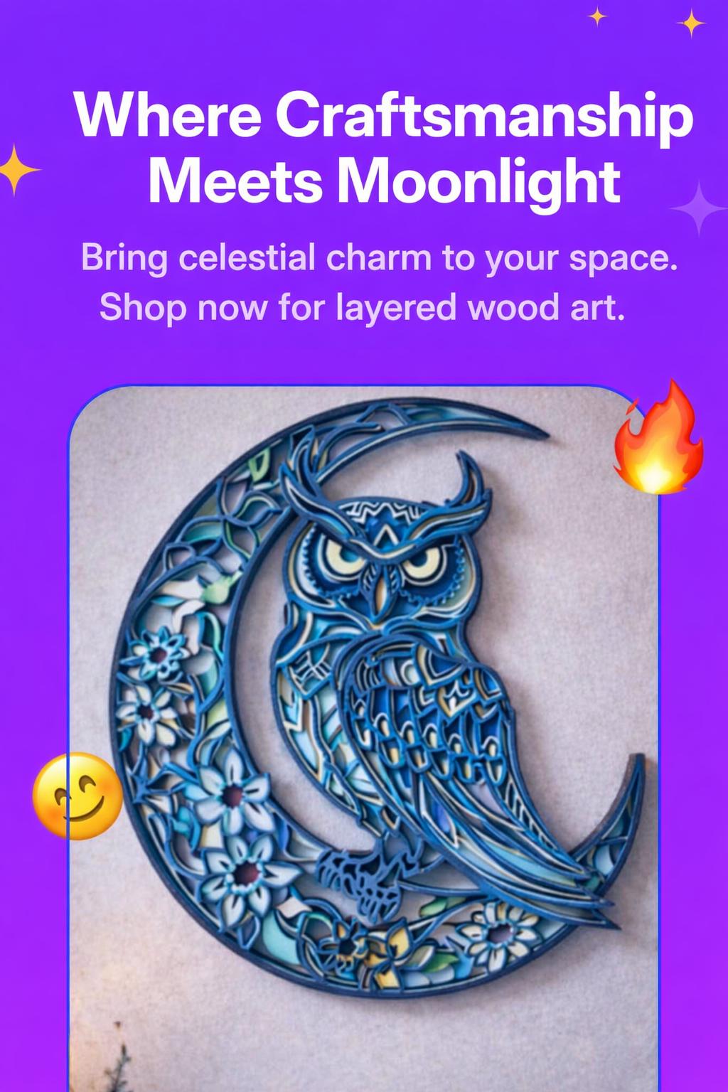 Owl Moon Wall Art | Layered Wood Decor | Handmade Laser Cut Owl Sign