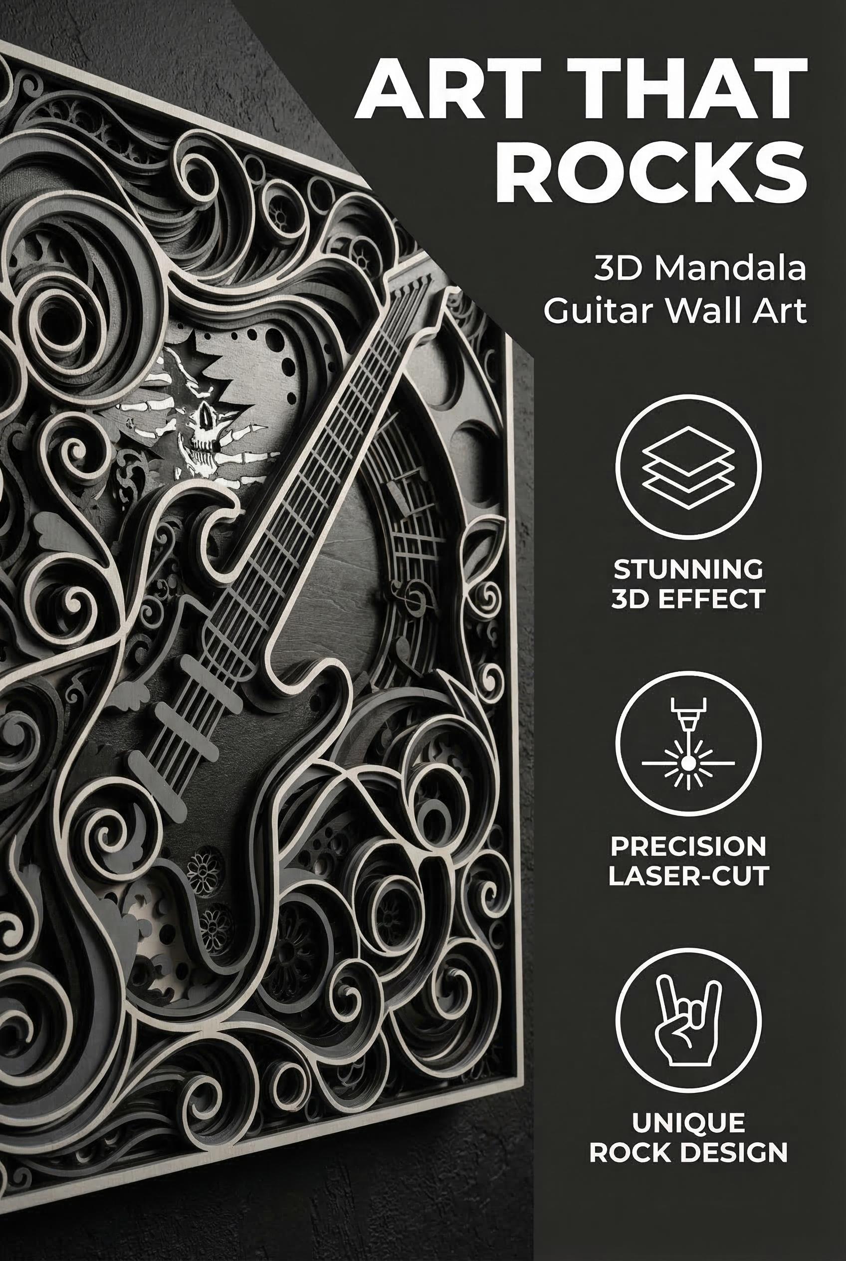 Layered Rock Guitar Wood Art | Laser Cut Music Room Decor | Custom Colors (Gift for Musician)