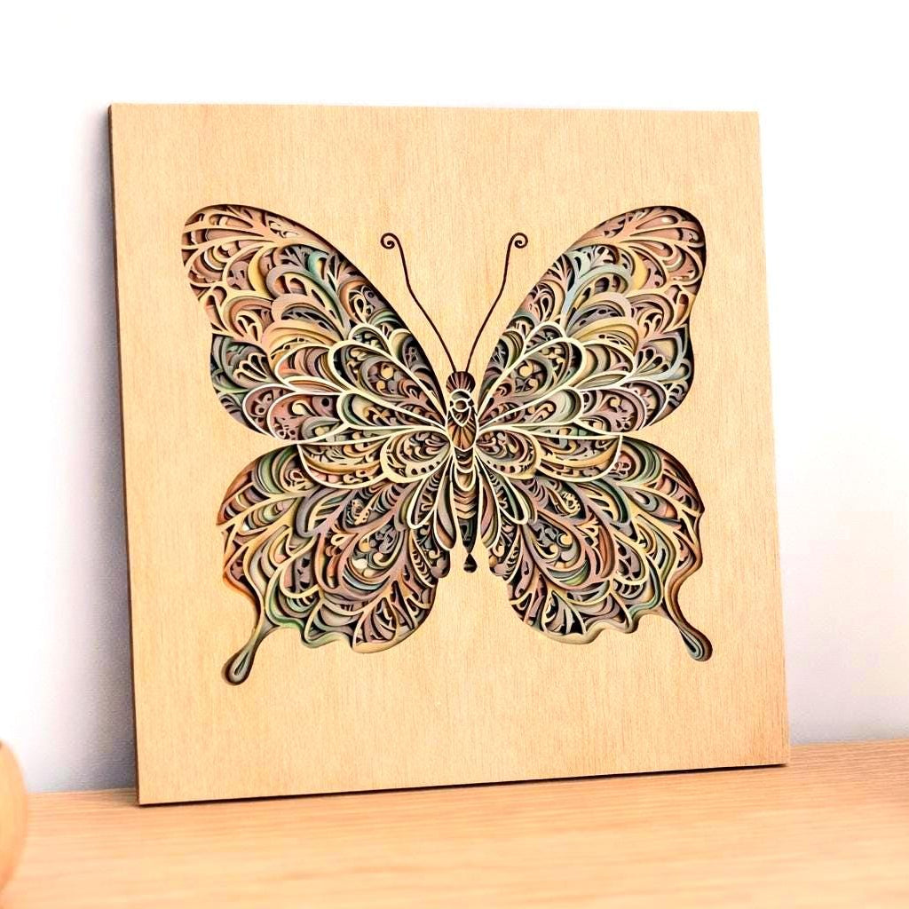 Layered Butterfly Wall Art | Handmade Laser Cut Wood Decor | Nature Inspired Sign