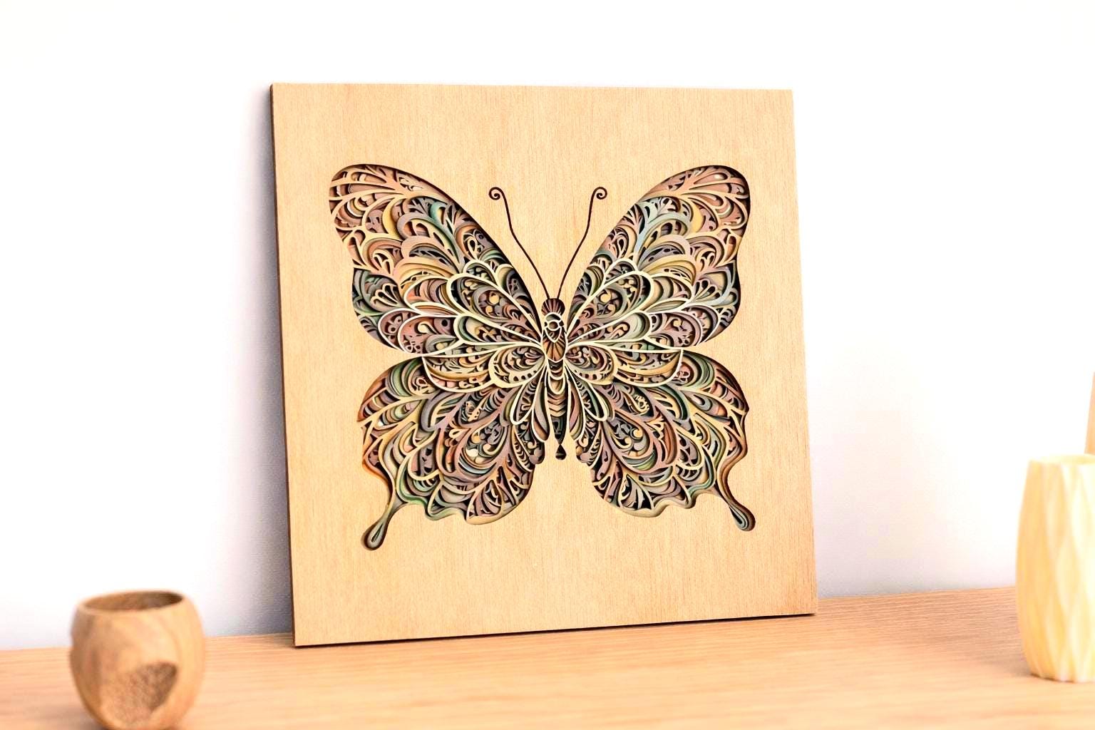 Layered Butterfly Wall Art | Handmade Laser Cut Wood Decor | Nature Inspired Sign