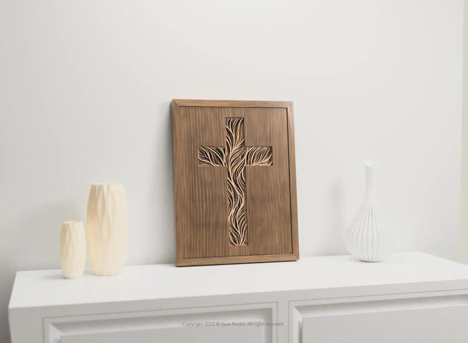 Wooden Cross Wall Art | Layered Christian Decor | Handmade Laser Cut Wood Sign