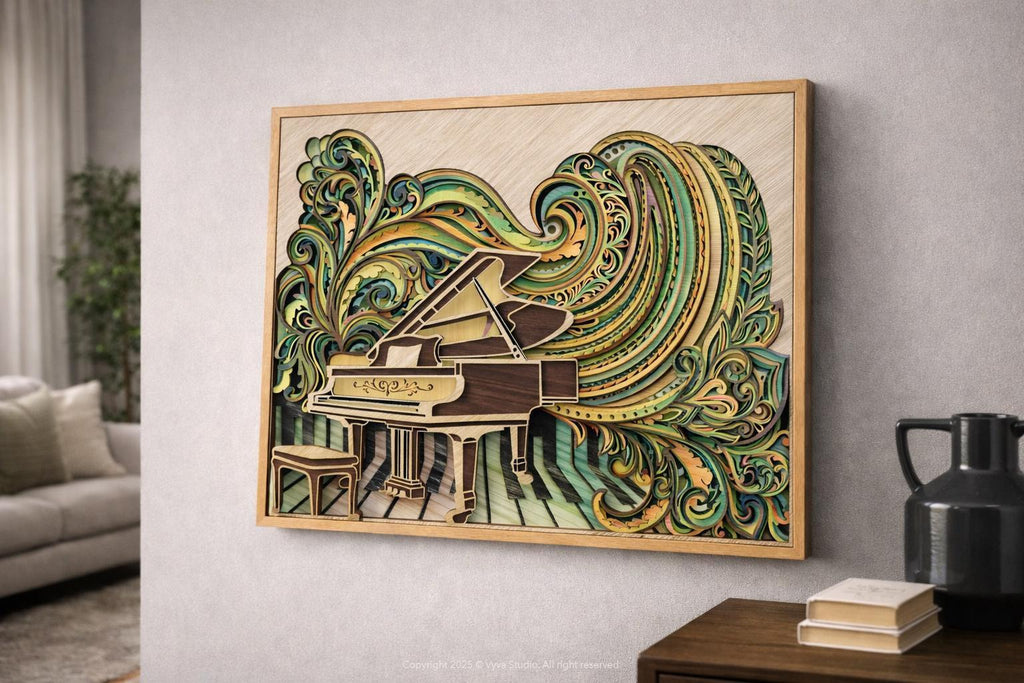 Piano Wall Art | Layered Wood Music Decor | Handmade Laser Cut Wall Hanging