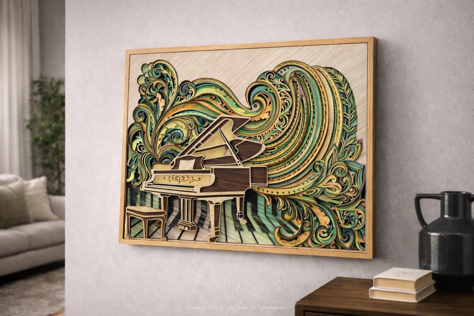 Piano Wall Art | Layered Wood Music Decor | Handmade Laser Cut Wall Hanging