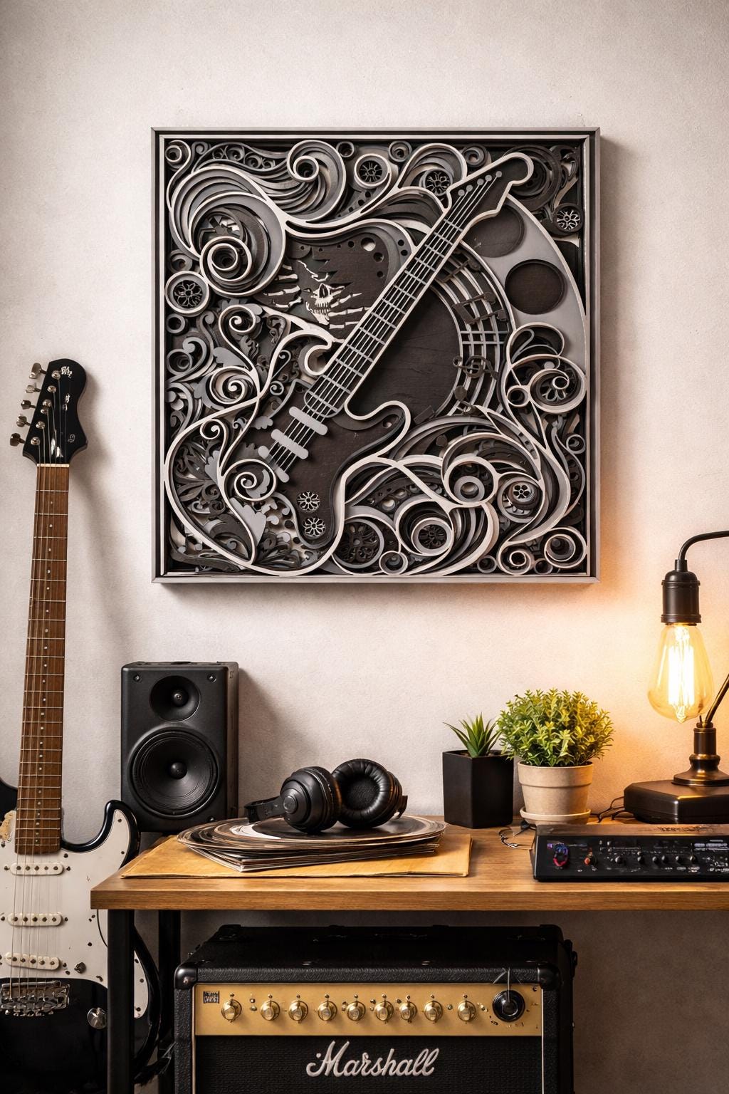 Layered Rock Guitar Wood Art | Laser Cut Music Room Decor | Custom Colors (Gift for Musician)