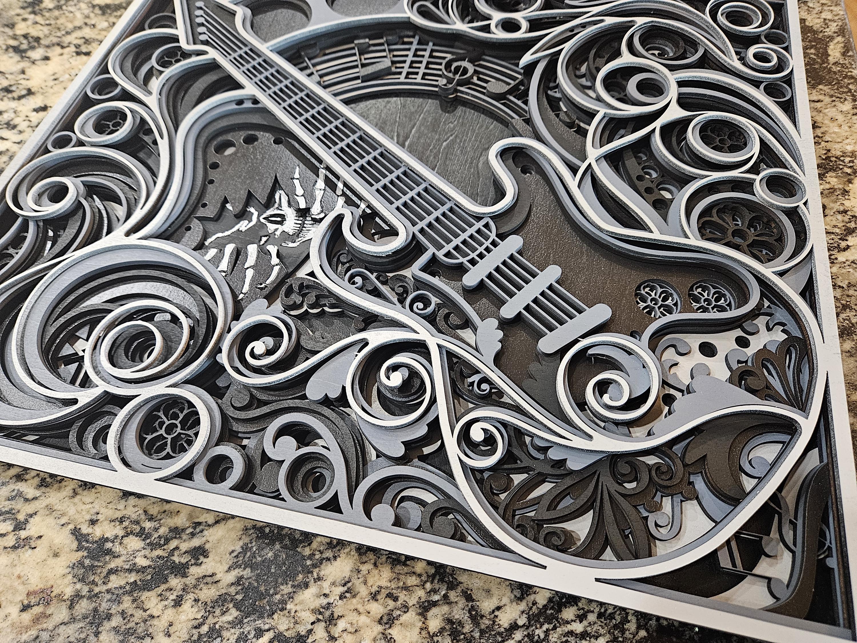 Layered Rock Guitar Wood Art | Laser Cut Music Room Decor | Custom Colors (Gift for Musician)