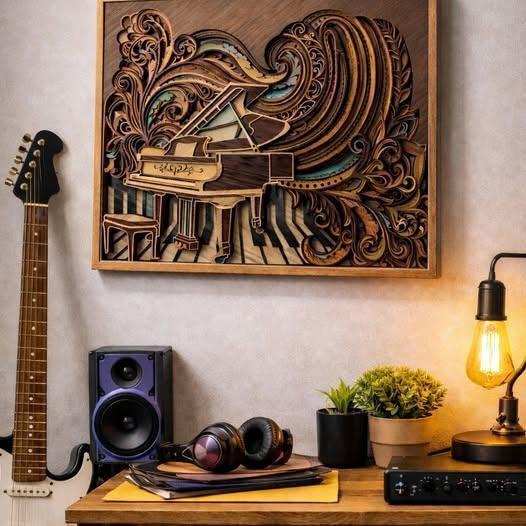 Piano Wall Art | Layered Wood Music Decor | Handmade Laser Cut Wall Hanging