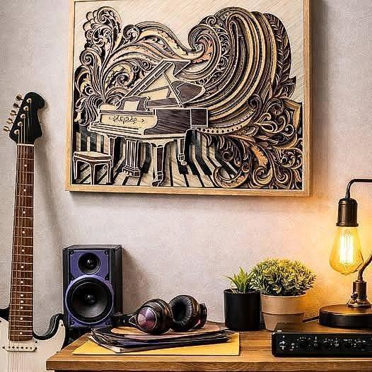 Piano Wall Art | Layered Wood Music Decor | Handmade Laser Cut Wall Hanging
