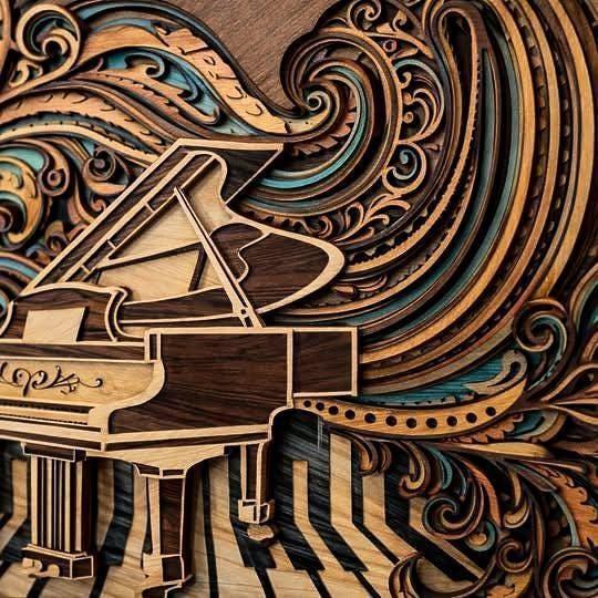 Piano Wall Art | Layered Wood Music Decor | Handmade Laser Cut Wall Hanging