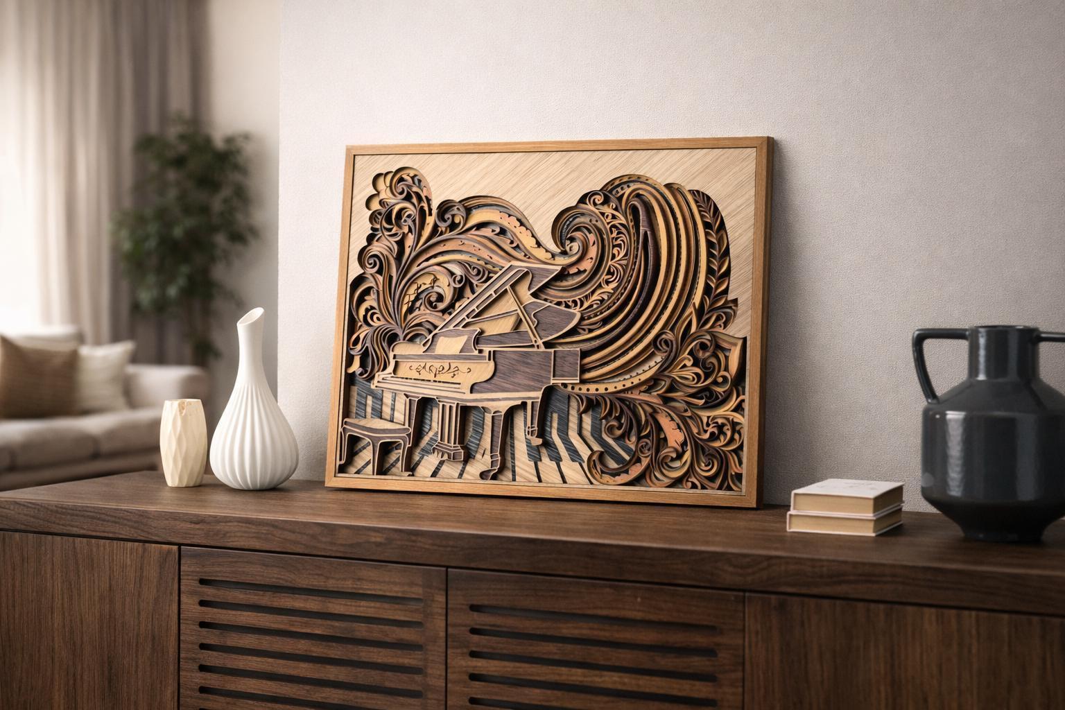 Piano Wall Art | Layered Wood Music Decor | Handmade Laser Cut Wall Hanging