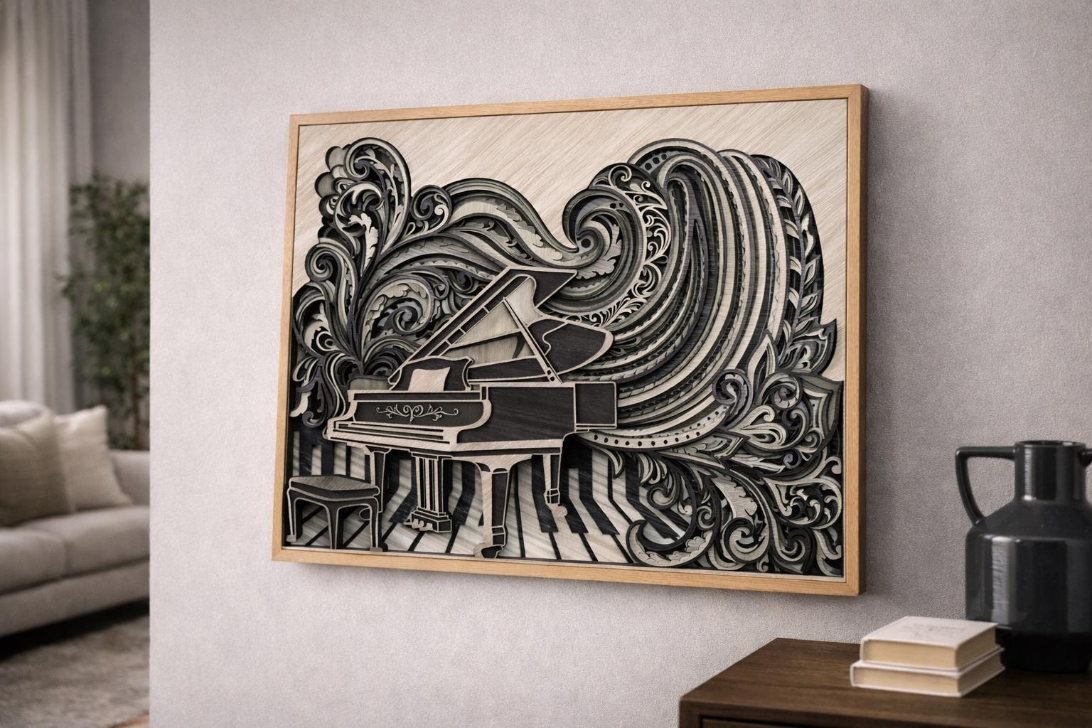 Piano Wall Art | Layered Wood Music Decor | Handmade Laser Cut Wall Hanging
