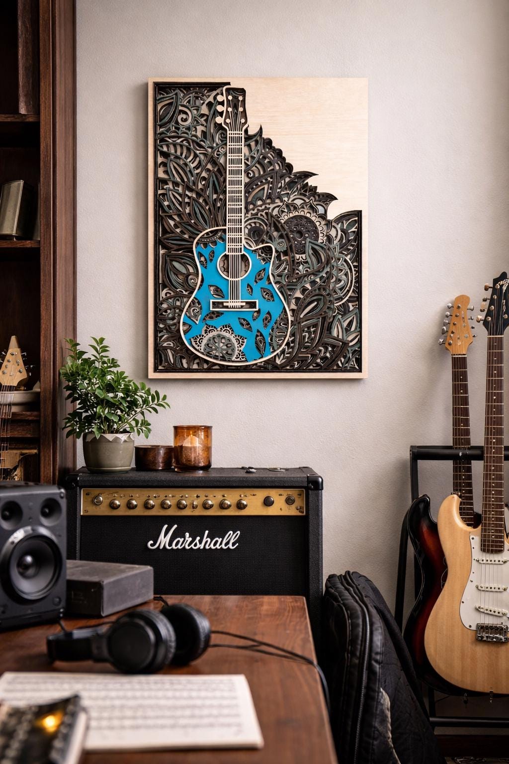 Layered Guitar Wall Art, Music Room Decor, Laser Cut Wood Art