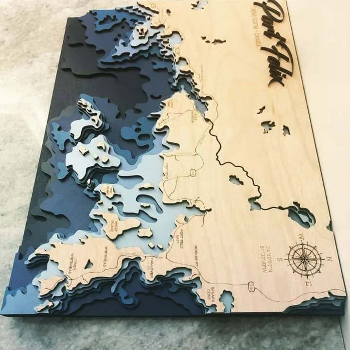 Port Felix Nova Scotia 3D laser-cut wood coastal map - angled side view
