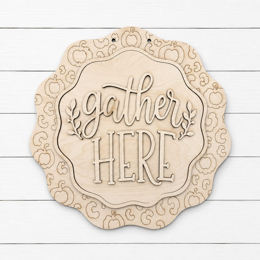 Gather Here laser cut wood sign with pumpkin border, unfinished Baltic birch, 16 inch