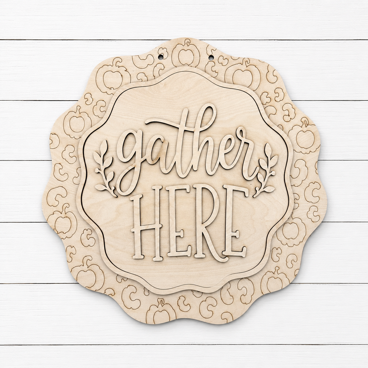 Gather Here laser cut wood sign with pumpkin border, unfinished Baltic birch, 16 inch