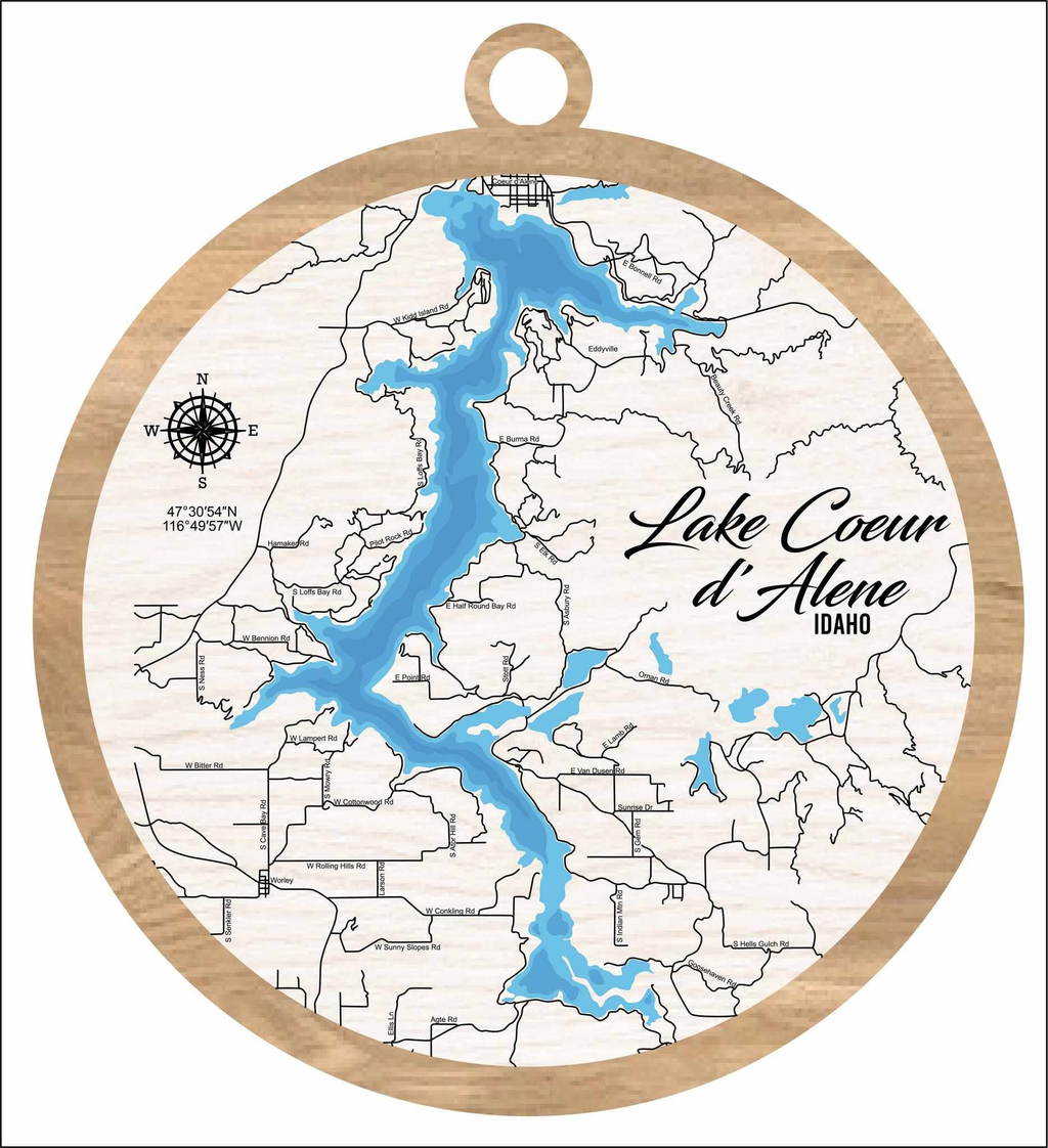 Lake Coeur d'Alene Idaho laser-cut wood ornament with compass rose and GPS coordinates