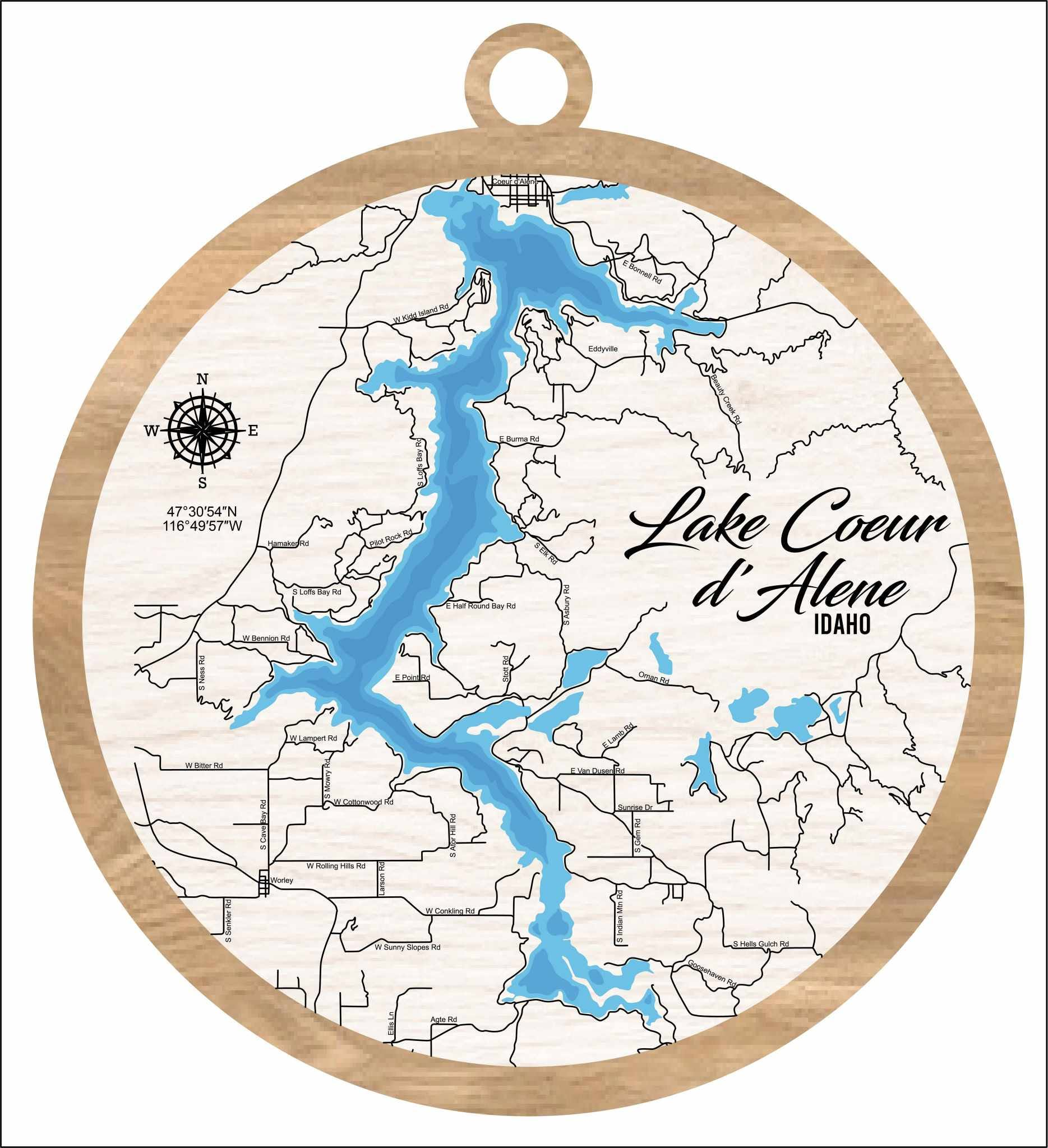 Lake Coeur d'Alene Idaho laser-cut wood ornament with compass rose and GPS coordinates