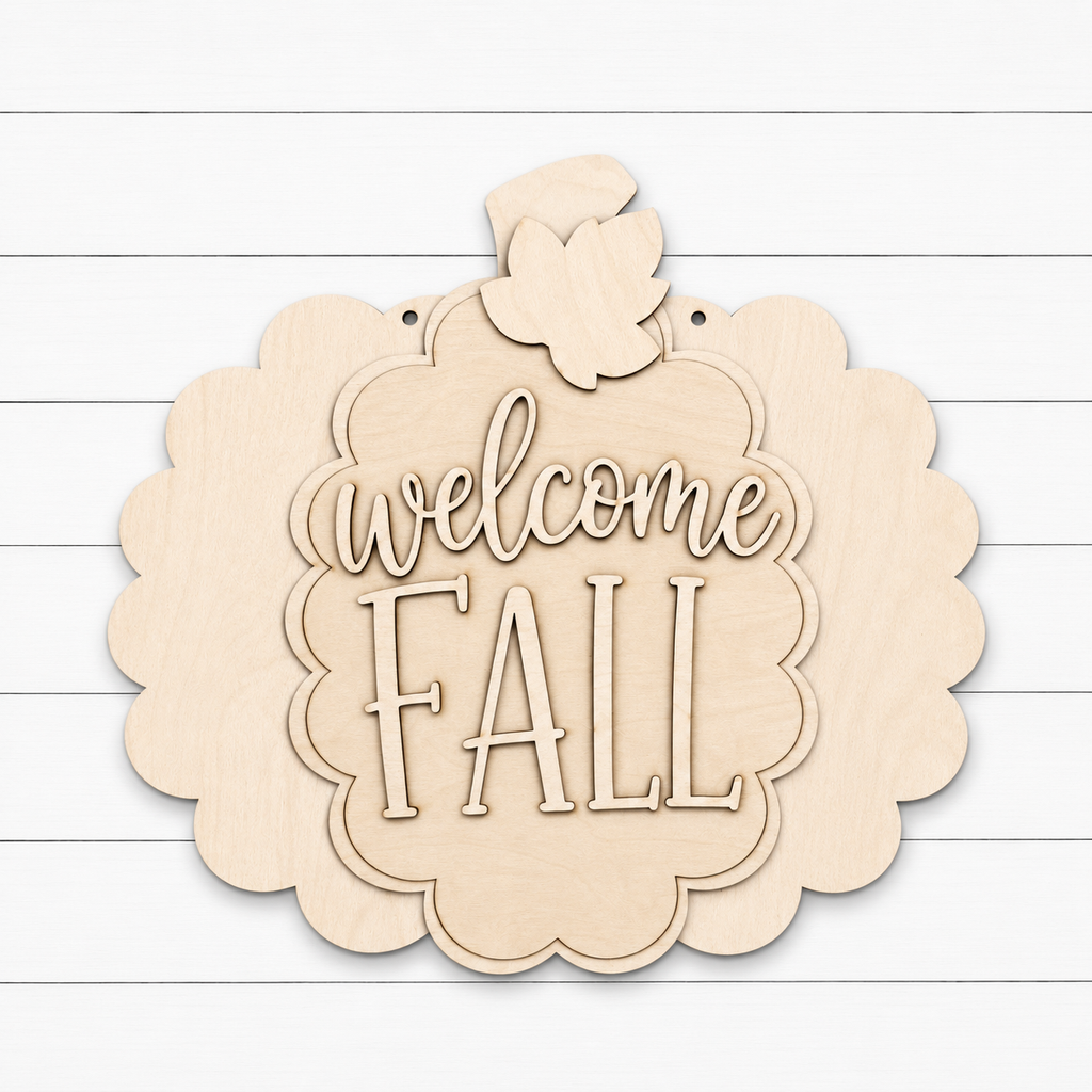 Welcome Fall laser cut wood sign with scalloped bubble border and maple leaf topper, unfinished Baltic birch, 16 inch