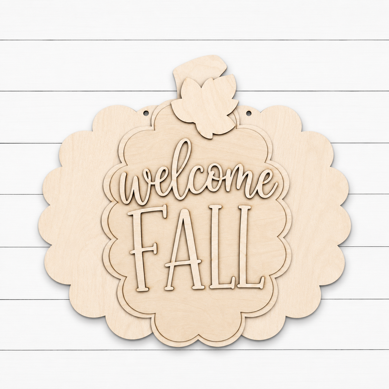 Welcome Fall laser cut wood sign with scalloped bubble border and maple leaf topper, unfinished Baltic birch, 16 inch