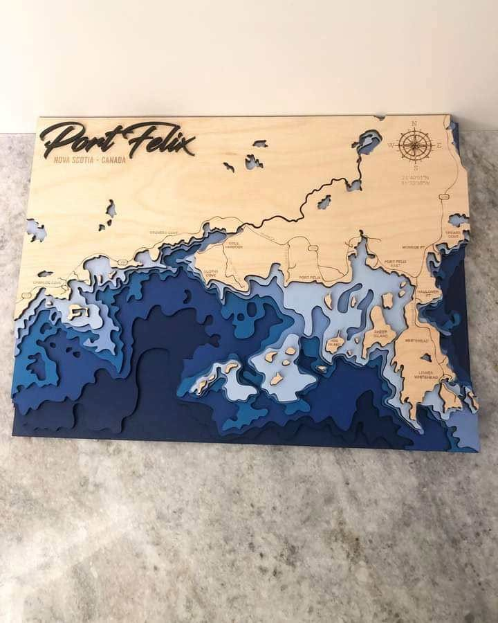 Port Felix Nova Scotia 3D laser-cut wood coastal map - Deep Blue style front view