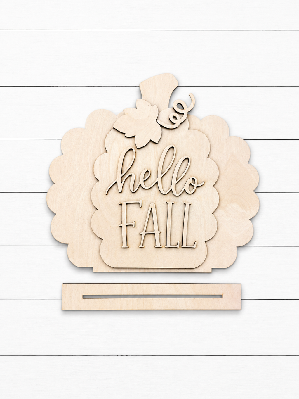 Hello Fall mini pumpkin shelf sitter laser cut wood sign with display stand, scalloped pumpkin shape, unfinished Baltic birch, 10 inch