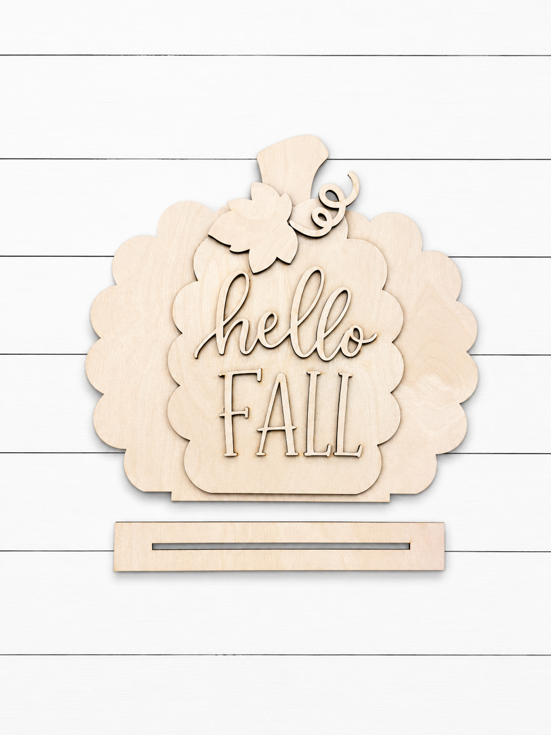 Hello Fall mini pumpkin shelf sitter laser cut wood sign with display stand, scalloped pumpkin shape, unfinished Baltic birch, 10 inch