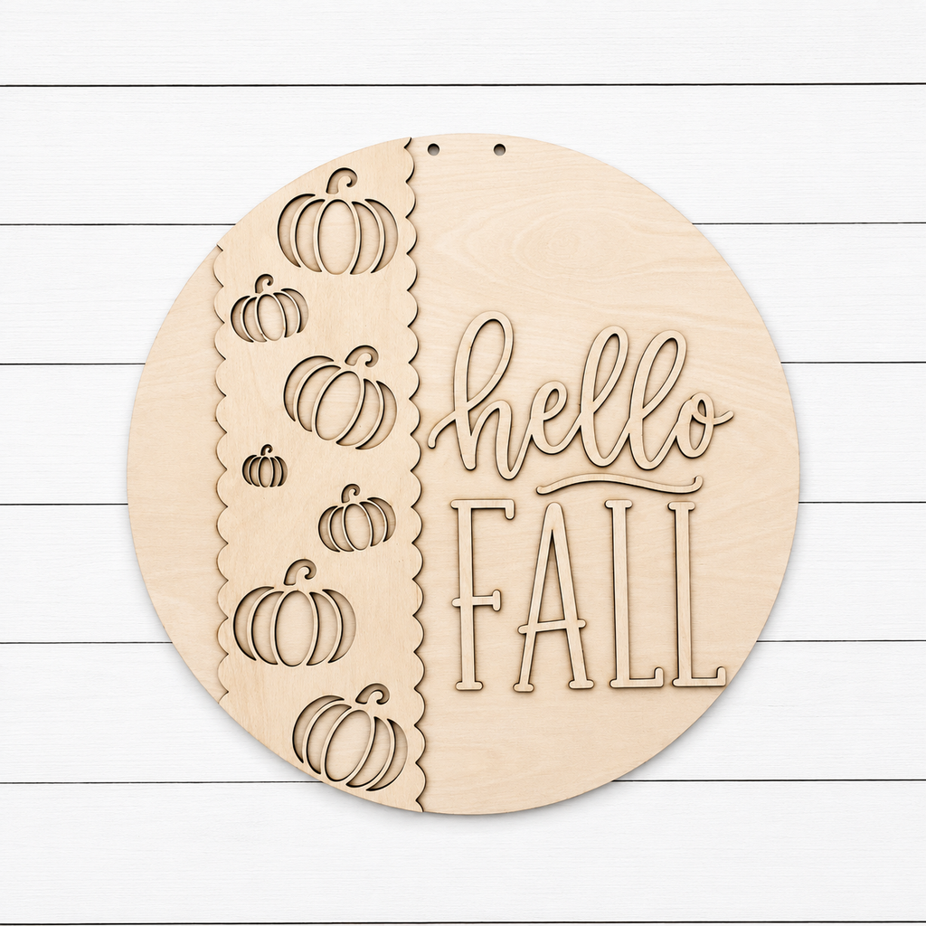 Hello Fall laser cut wood round sign with cascading pumpkin column and 3D lettering, unfinished Baltic birch, 16 inch