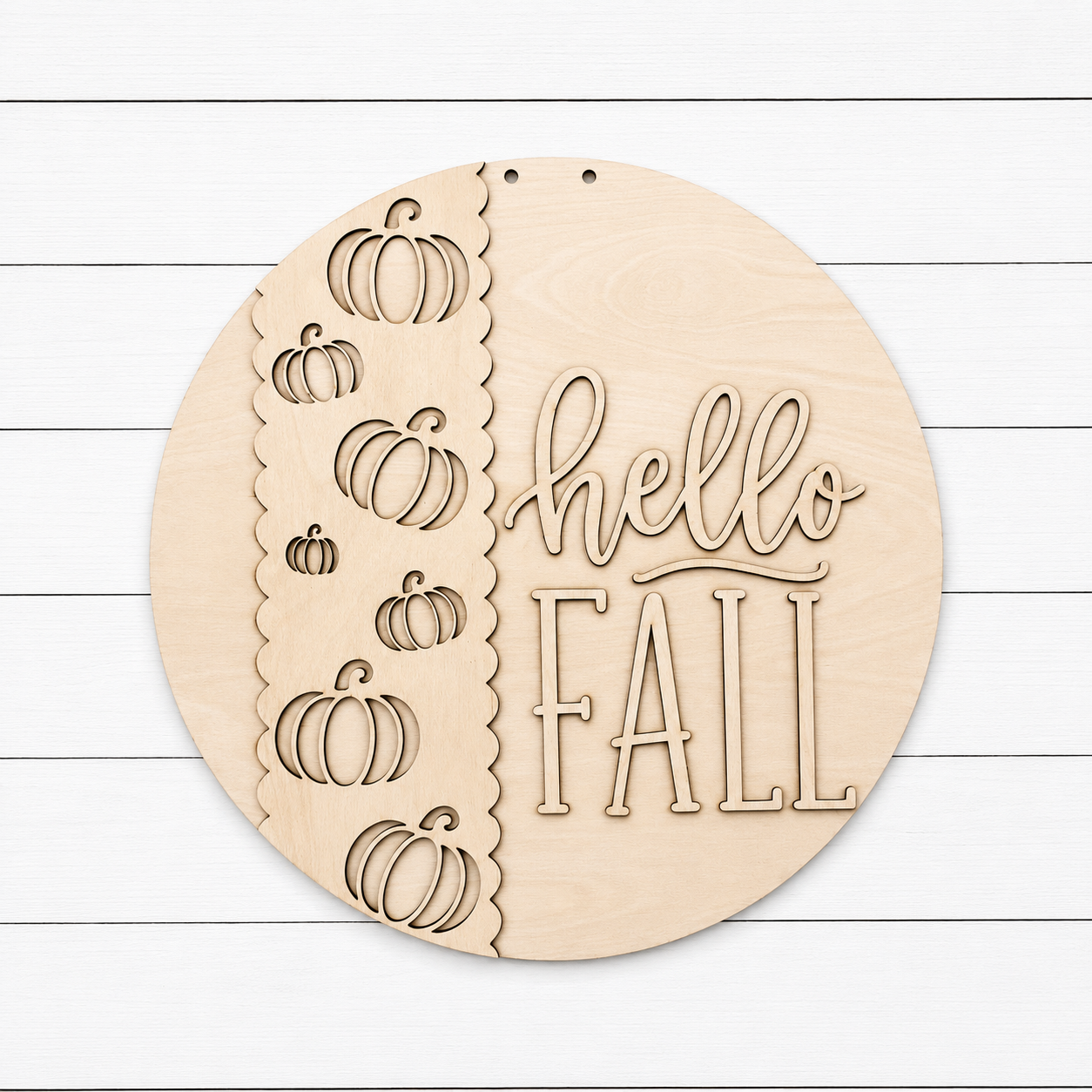 Hello Fall laser cut wood round sign with cascading pumpkin column and 3D lettering, unfinished Baltic birch, 16 inch