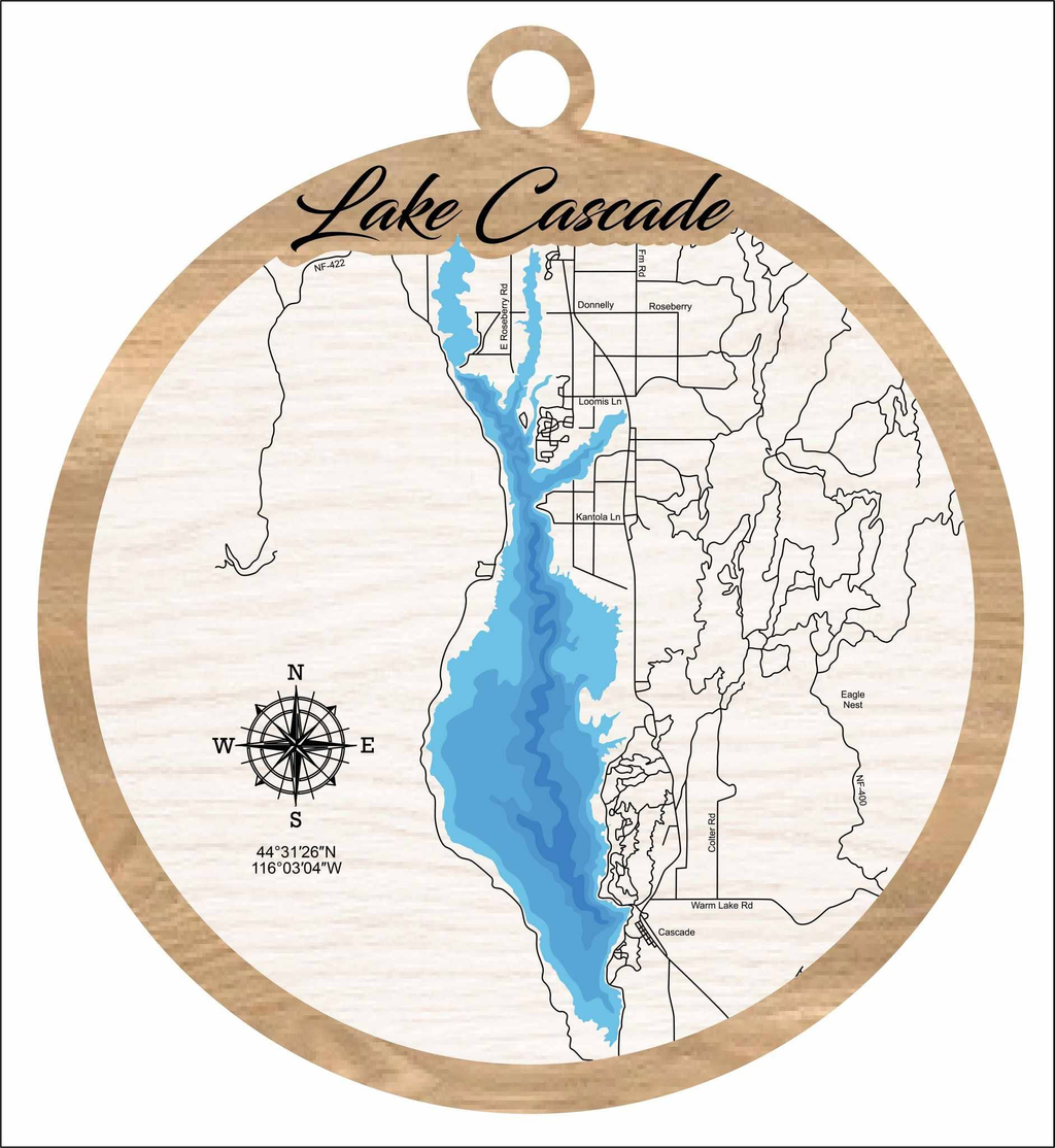 Lake Cascade Idaho laser-cut wood ornament with compass rose and GPS coordinates