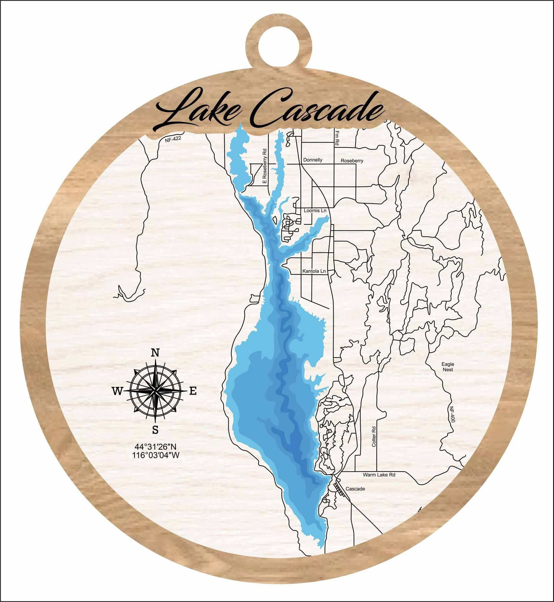 Lake Cascade Idaho laser-cut wood ornament with compass rose and GPS coordinates