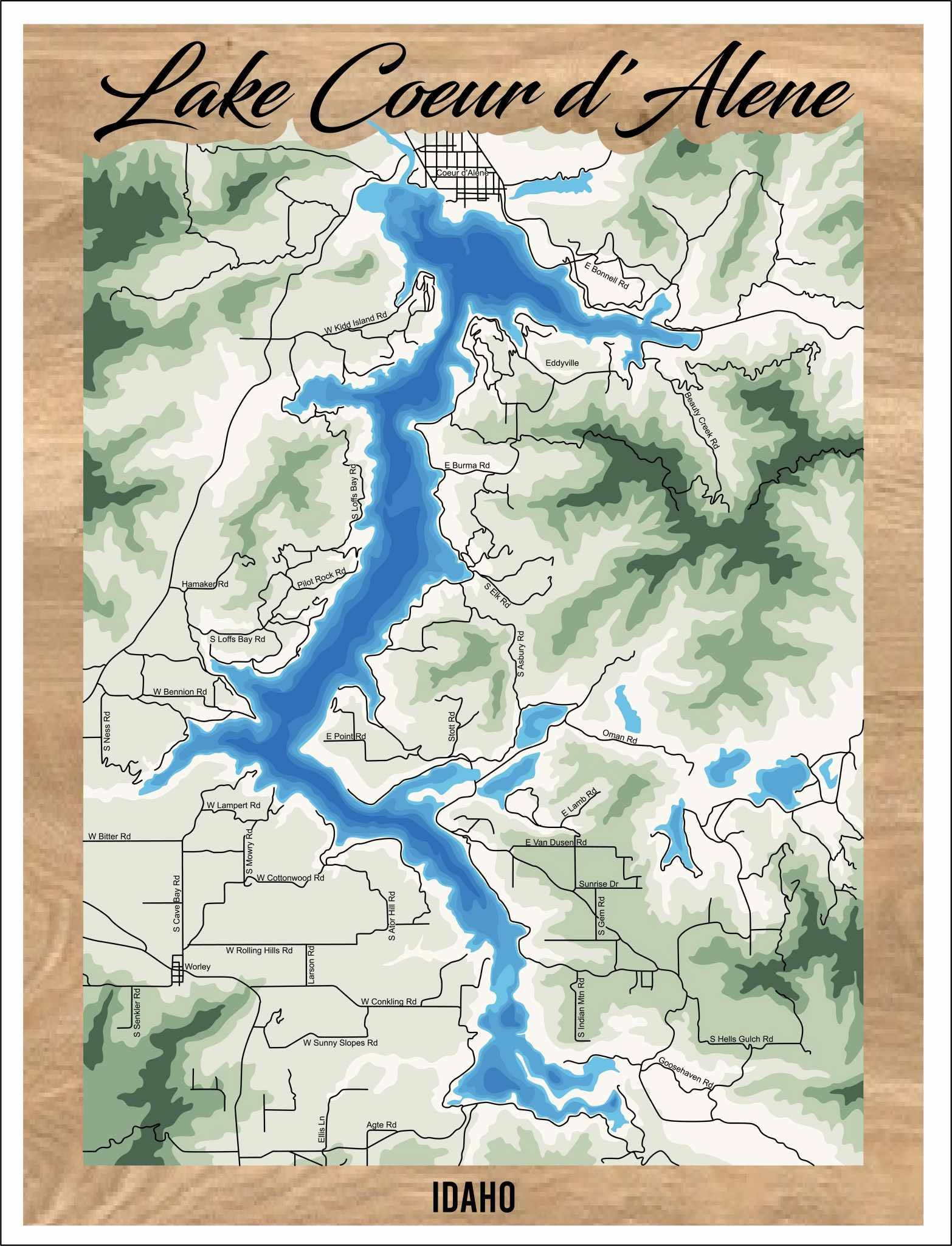 Lake Coeur d'Alene 3D layered wood topo map wall art with mountain topography, handmade in Idaho