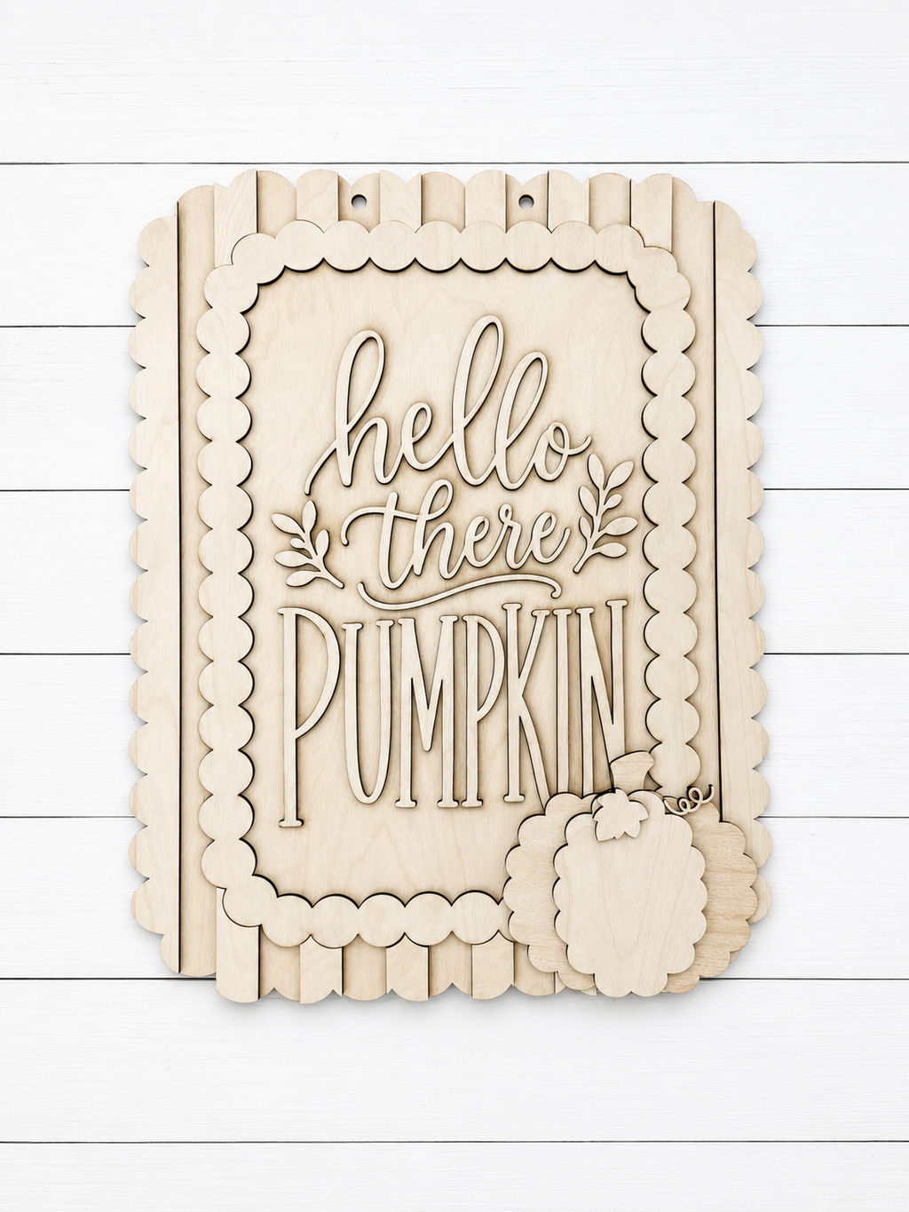 Hello There Pumpkin laser cut wood sign with stripe panel, beaded frame and pumpkin accent, unfinished Baltic birch, 16 inch